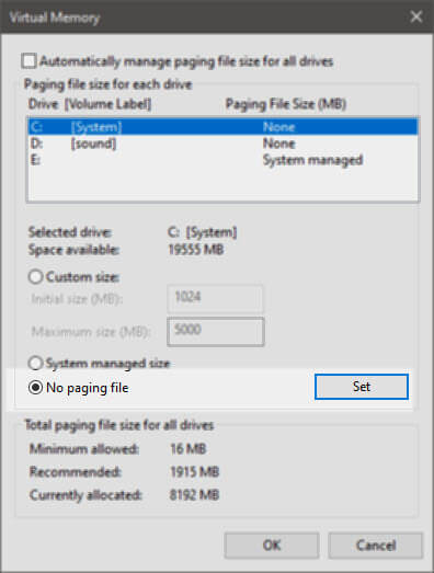 No Paging File