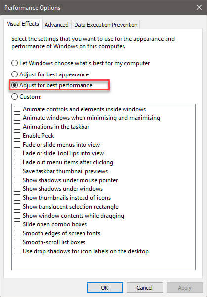 تعطيل Visual Effects