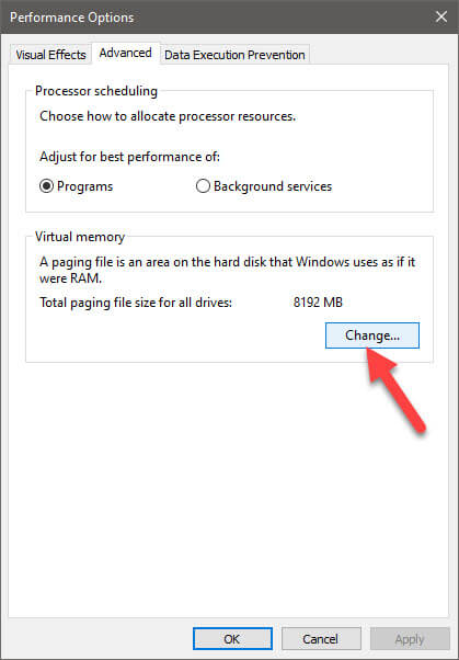 change windows Virtual memory