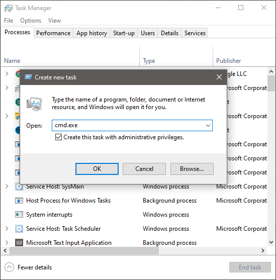 فتح Command Prompt من خلال task manager