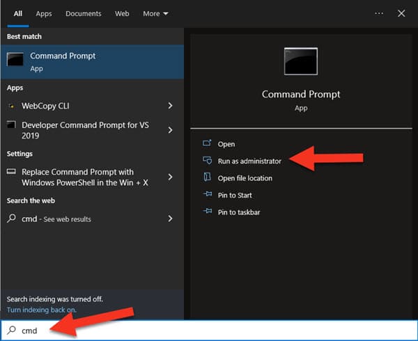 فتح موجه الأوامر "Command Prompt"من خلال Search على windows 10