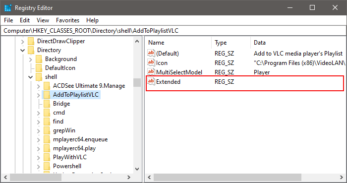 Add to Playlist VLC registry key Extended لأزالة عناصر قائمة السياق