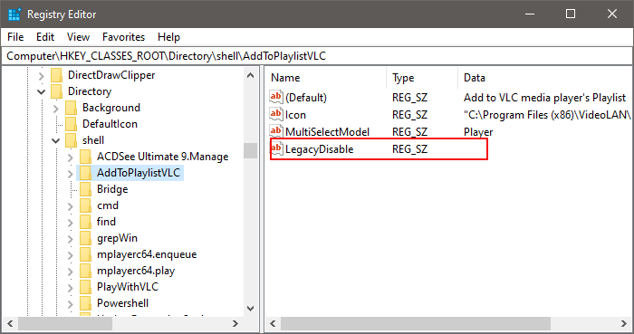 Addto Playlist VLC registry key LegacyDisable