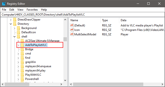 Add to Playlist VLC registry key لأزالة عناصر قائمة السياق