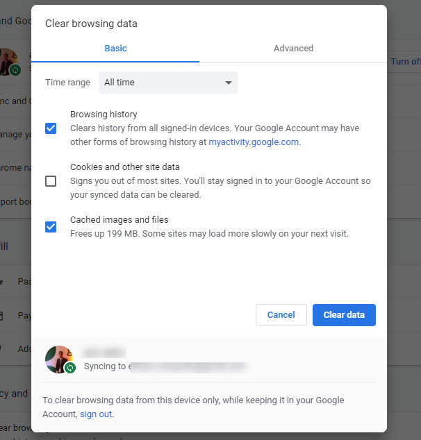 مسح بيانات ذاكرة التخزين المؤقت داخل chrome