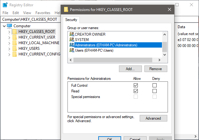 إعدادات Permissions لمفاتيح الريجستري