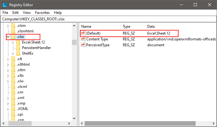 Registry key for the XLSX extension