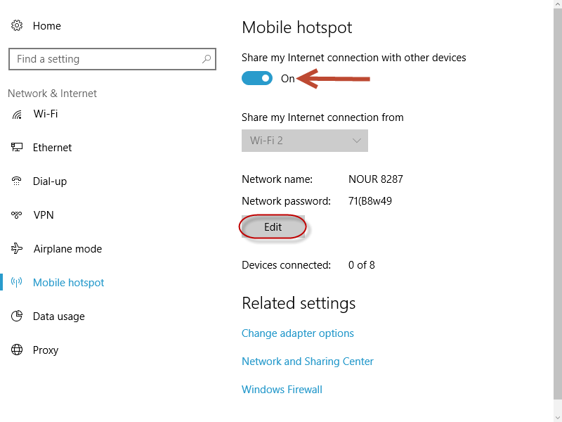 عمل hotspot أو نقطة على ويندوز 10